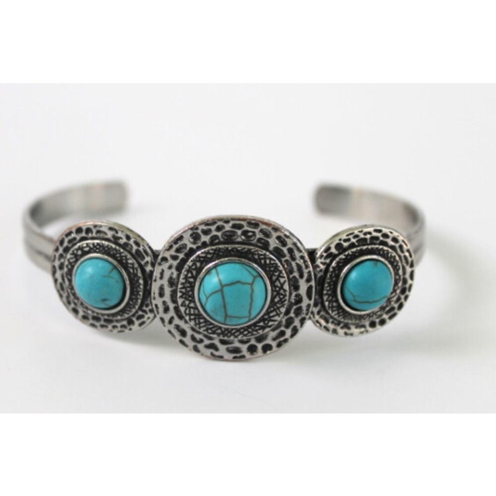 Vintage Faux Turquoise Silver Tone Cuff Bracelet Adjustable Size Hammered Metal